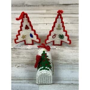 Vintage Handmade Christmas Ornaments Lot 3 Plastic Canvas Trees Mailbox 3D